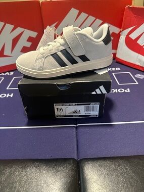 adidas Kids Light Gray and Black Court Sneaker with Velcro Strap